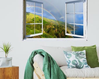 Wall mural window, self adhesive-California's Big Sur Coast Rainbow-3 sizes available-office decor