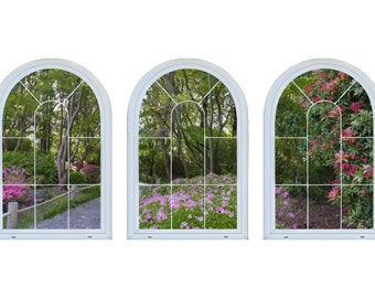 Spring Garden Path Faux Window View, Self Adhesive Wall Decal (3 Piece Set)