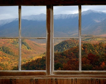 Wall mural window, self adhesive, Mount Le Conte, Smokies- window view-2 sizes available-perfect gift