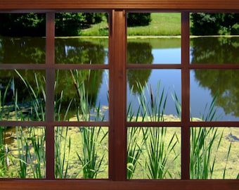 Wall mural window, self adhesive, pond and cattails window view-3 sizes available-perfect gift