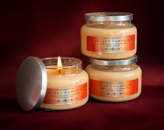Velvet Pumpkin – Heaven and Earth Candles -  1 Wick Glass Apothecary Jar Candle – 10 oz wax fill , Coconut Soy Wax
