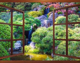 Wall mural window-self adhesive-Zen Waterfall Garden window view-3 sizes available-perfect gift