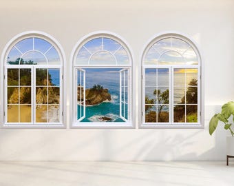 Big Sur McWay Falls View, Self Adhesive Wallpaper, Fake Window Decal - 3 Piece Set