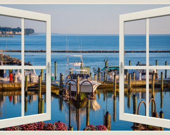 Marina View Window Decal, Chesapeake Beach Mural, Faux Window Frame