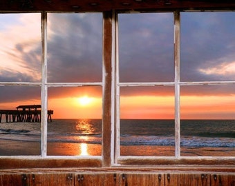 Wall mural window, self adhesive, Tybee Pier window view-3 sizes available-perfect gift