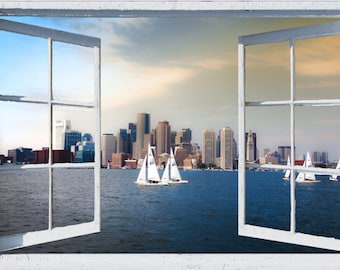 Wall mural window, self adhesive, open window view-3 sizes available-Sailing Boston Harbor-perfect gift