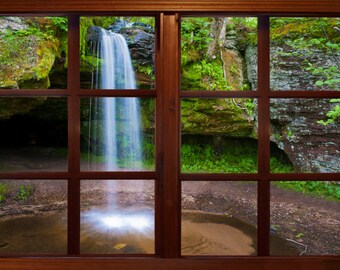 Wall mural window, self adhesive, Michigan upper penisula waterfall- window view-3 sizes available