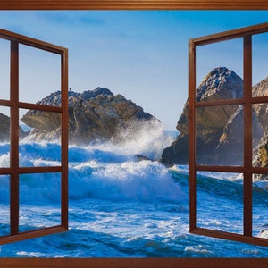 Wall mural window, self adhesive -open window view-3 sizes available-Pacifica Surf, California-perfect gift