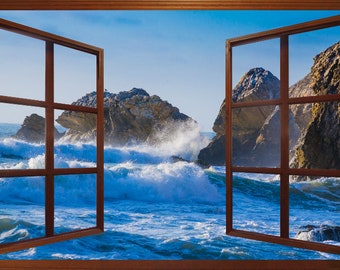 Wall mural window, self adhesive -open window view-3 sizes available-Pacifica Surf, California-perfect gift