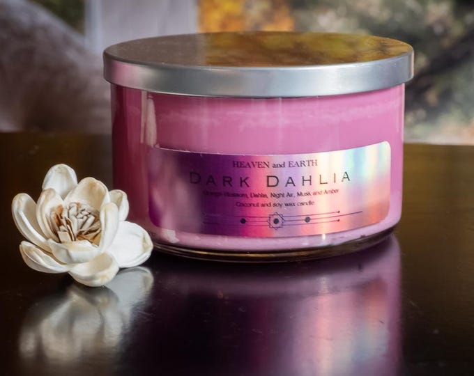 Featured listing image: Deep Floral Scented Candle, Dark Dahlia –  3 wick Glass Candle Bowl - 10 oz wax fill , Coconut Soy Wax