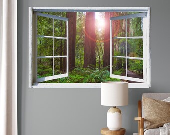 Wall mural open window, self adhesive, forest window view-3 sizes available-California Redwoods- Muir Woods