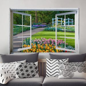 Dutch Garden Window View Wall Mural, Self-Adhesive