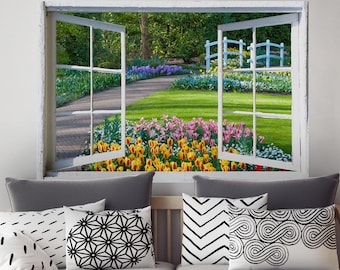 Dutch Garden Window View Wall Mural, Self-Adhesive