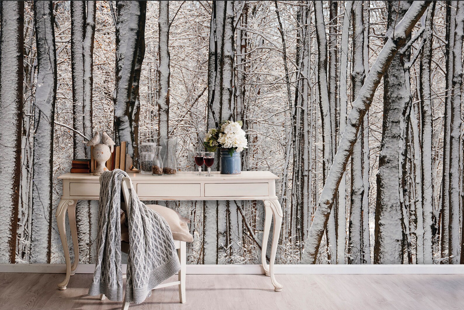 Wallpaper, Self Adhesive, Snowy Tree Trunks/ Peel and Stick Wallpaper