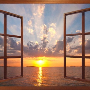 Wall mural window, self adhesive -open window view-3 sizes available-Boston Harbor Sunset-perfect gift