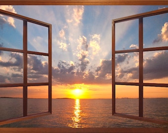 Wall mural window, self adhesive -open window view-3 sizes available-Boston Harbor Sunset-perfect gift