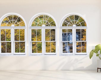 Autumn Waterfall View Decal, Faux Window Frame, 3-Piece Set