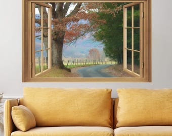 Cades Cove Fall Faux Window Wall Decal – Autumn Road View Wall Mural