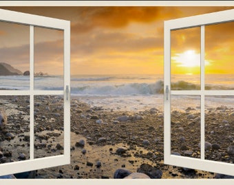 Wall mural window, self adhesive -open window view-3 sizes available-Rockaway Beach, Pacifica, California