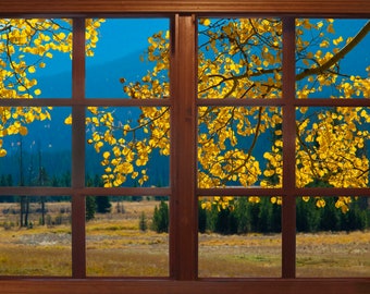 Wall mural window, self adhesive, Colorado window view-3 sizes available- Rocky Mountain Park View