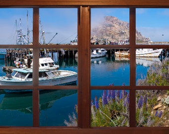 Wall mural window, self adhesive, Big Sur window view-3 sizes available-Morro Bay boat-perfect gift