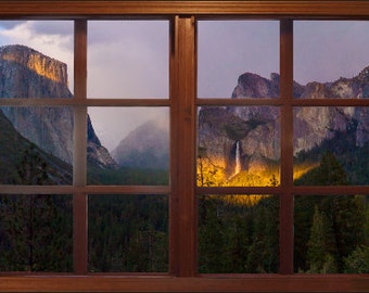 Wall mural window, self adhesive, Yosemite window view-3 sizes available-Yosemite Valley Sunset