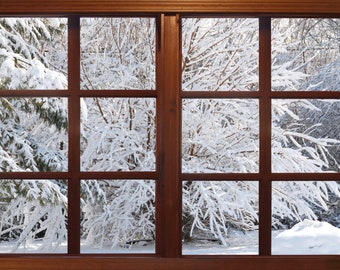 Wall mural window, self adhesive, Winter window view, brown frame-3 sizes available-Indiana winter-perfect gift