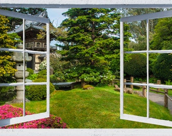 Wall mural window, self adhesive-California open window view-3 sizes available-Tea Garden-office decor
