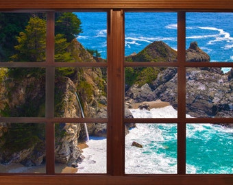 Wall mural window, self adhesive, Big Sur window view-3 sizes available-McWay falls-perfect gift