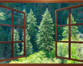 Wall mural window, self adhesive, forest window view-3 sizes available-Zion National Park Firs, Utah