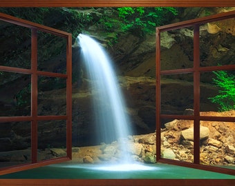 Wall mural window, self adhesive, woods and creek  window view-3 sizes available- Ohio Waterfall