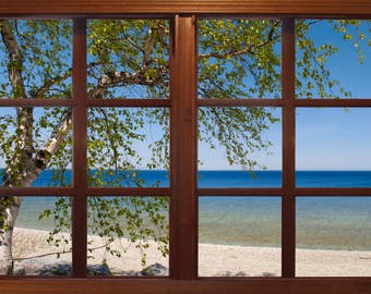 Wall mural window, self adhesive, Michigan Mackinac Island beach with tree-Michigan--perfect gift