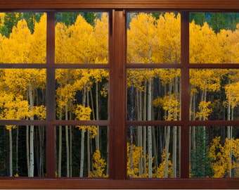 Wall mural window, self adhesive, Colorado window view-3 sizes available- Yellow Aspens View-perfect gift