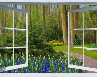 Wall mural window, self adhesive -Holland, open window view-3 sizes available-Spring Garden Path