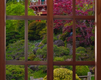 Wall mural window, self adhesive, San Francisco window view-large 24x36-Japanese Tea Garden Pagoda
