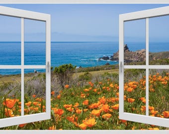 Big Sur California Poppy Wall Mural, Faux Window Decal