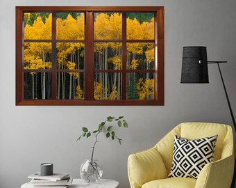 Wall mural window, self adhesive, Colorado window view-3 sizes available- Yellow Aspens View-perfect gift