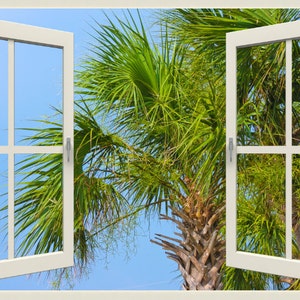 Wall mural open window, self adhesive, window view-3 sizes available-Palm Fronds-perfect gift