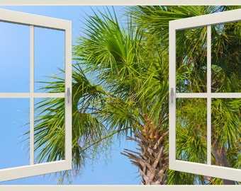 Wall mural open window, self adhesive, window view-3 sizes available-Palm Fronds-perfect gift
