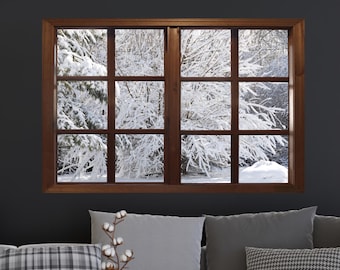 Wall mural window, self adhesive, Winter window view, brown frame-3 sizes available-Indiana winter-perfect gift