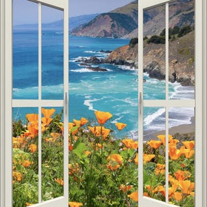 May include: A window view of a coastal landscape with a blue ocean, rocky cliffs, and a field of orange poppies in the foreground.
