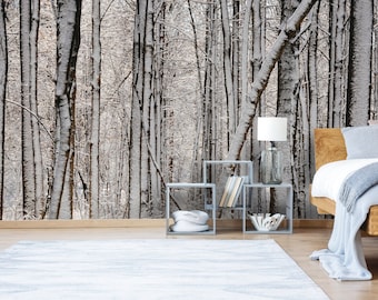 Wallpaper, self adhesive, Snowy Tree Trunks/ Peel and Stick Wallpaper/ Photo Mural