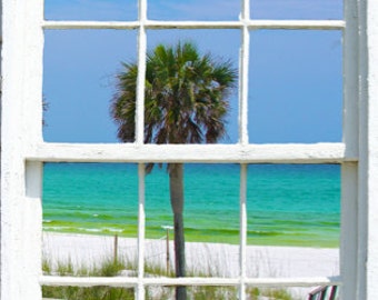 Wall mural window, self adhesive, gulf window view-large 24x36-Beach with palm-part 1-perfect gift