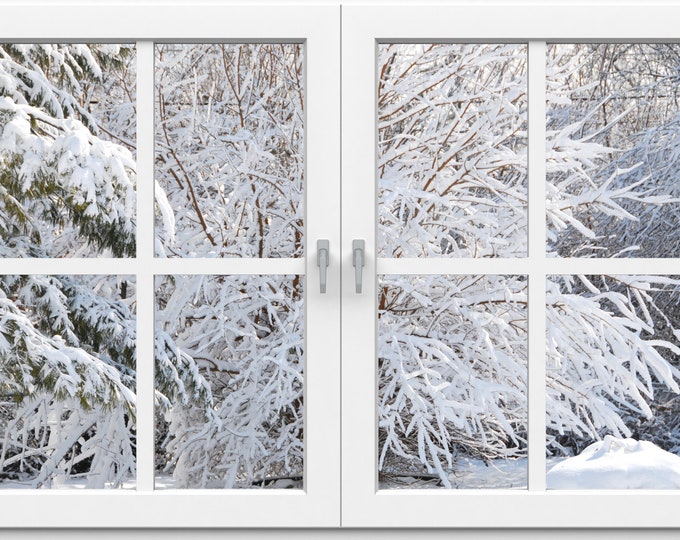 Featured listing image: Wall mural window, self adhesive, Winter window in white view-3 sizes available-Indiana winter-perfect gift