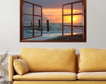 Wall mural window, self adhesive, Tybee Island sunrise window view-3 sizes available-perfect gift