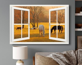 Canvas Art - Ready to Hang - Window Frame View With Horses, Cades Cove, Smoky Mountains