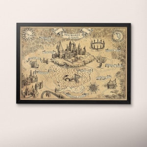 Magie Schule und Umgebung Karte,Zauberer Weltkarte Leinwand,Harry Karte Poster, Magische Weltkarte, Vintage Wanddekoration,Beste Filme Kunst,Dragon