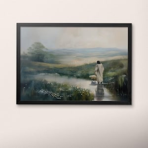 Opera d'arte cristiana Gesù con agnello, stampa murale di un paesaggio sereno, poster vintage di Gesù