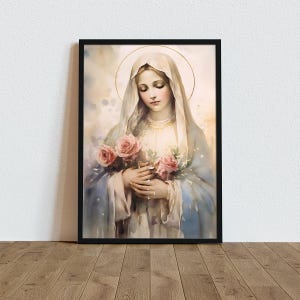 Blessed Virgin Mary Watercolor Art Home Decor, Catholic Poster, Christian Wall Decor, Mary our Mother Image, Mary Mother Canvas, Holy Mary