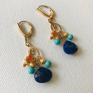 Gold-filled leverback earrings with lapis lazuli, turquoise and carnelian beads, Perth Western Australia